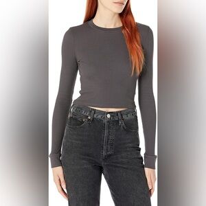 MONROW Thermal Cropped Long Sleeve Top in Faded Black
